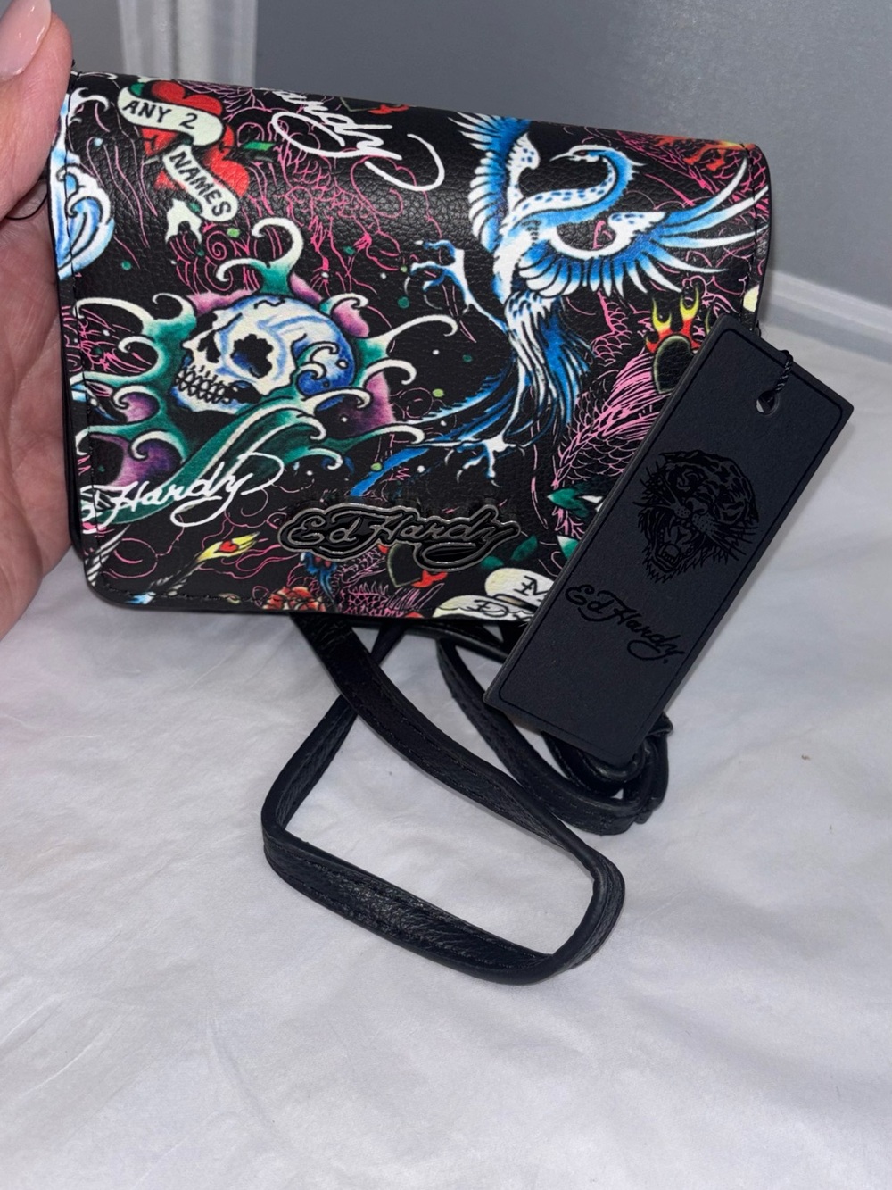 New Authentic Ed Hardy Women's Black Multi Tattoo-Print Crossbody